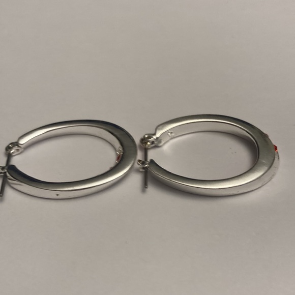 Silver Tone Hoop Earrings with Red Accents - Picture 6 of 15